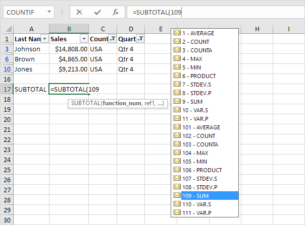 First Argument of the Subtotal Function in Excel