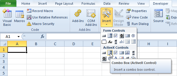 Create a combo box in Excel VBA