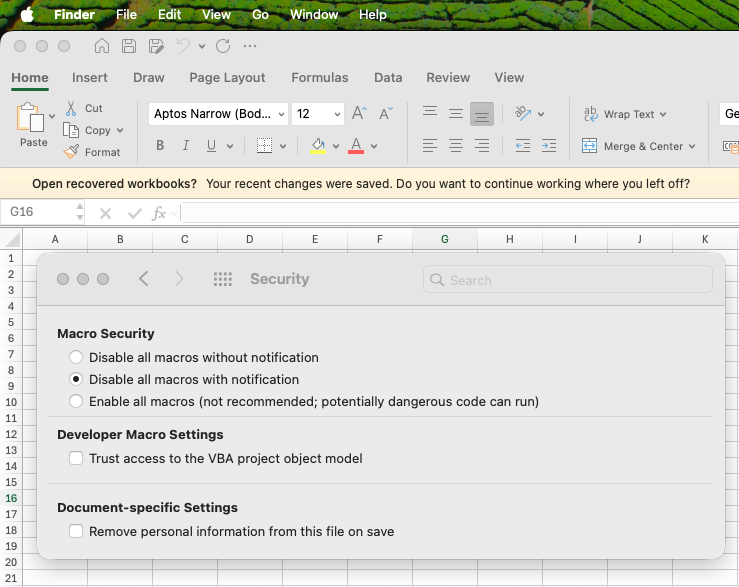 Disable all macros with notification